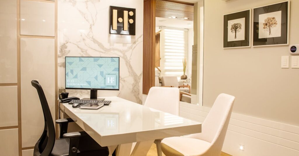 Elegant modern office interior featuring a sleek desk, chairs, and ambient lighting for a sophisticated environment.