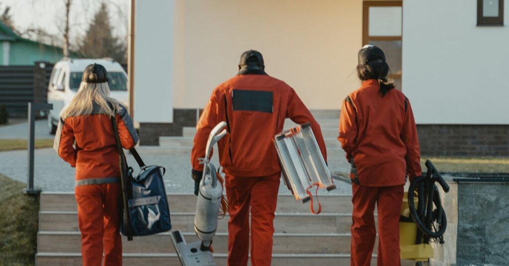Cleaning crew in red uniforms with equipment approaching a modern house exterior.