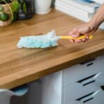 Home A hand using a feather duster to clean a wooden desk, surrounded by plants and office items.